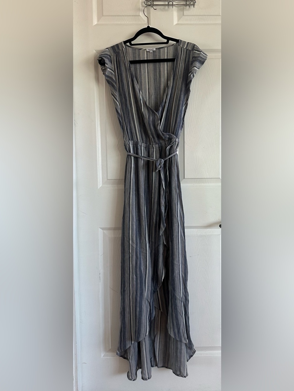 Splendid Gray, Blue and White Striped High-Low Wrap Dress